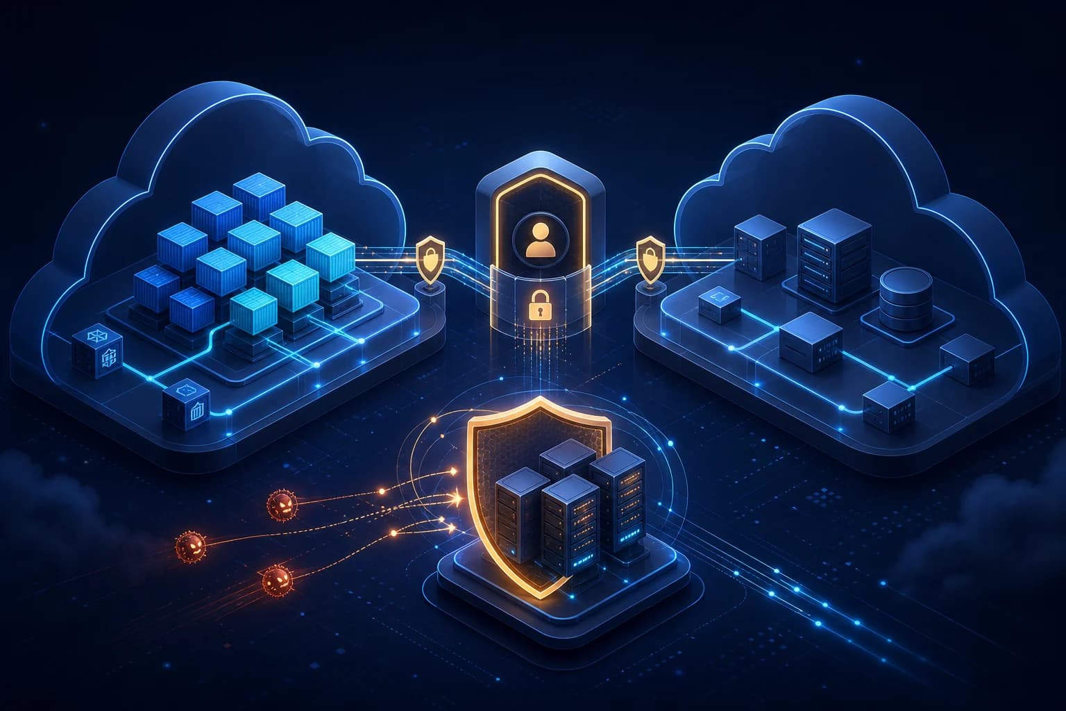 Protected cloud architecture showing containers, an identity trust gateway, and defended compute resources