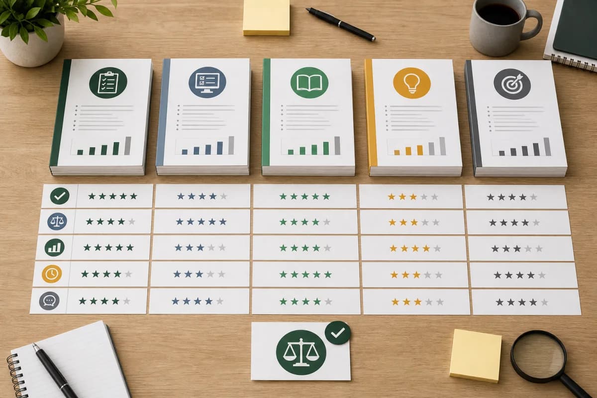 Several PMP practice exam options being compared with quality scorecards