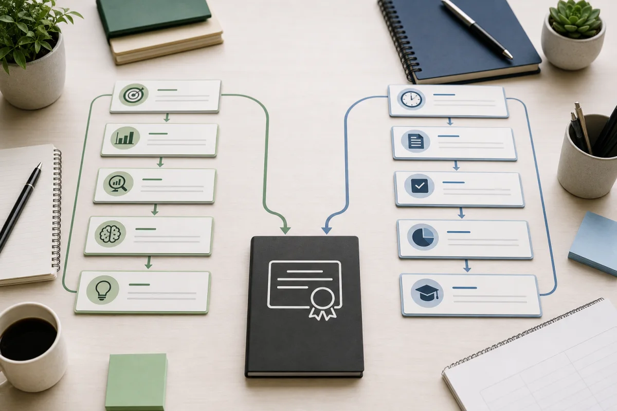 Two balanced PMP study workflows comparing adaptive review and structured practice