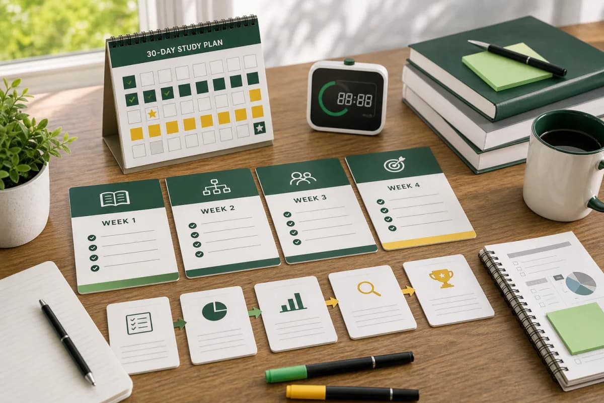 An intensive four-week PMP study schedule arranged on a focused study desk